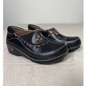 Spring Step L'Artiste Womens Clogs 38 Burbank Black Leather Floral Boho Wedge